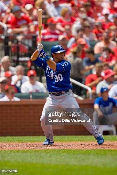 Mike Aviles of the Kansas City Royals hits against the St. Louis Cardinals on June 19, 2008 at Busch Stadium in St. Louis, Missouri. The Royals beat...