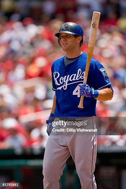 Alex Gordon of the Kansas City Royals bats against the St. Louis Cardinals on June 19, 2008 at Busch Stadium in St. Louis, Missouri. The Royals beat...