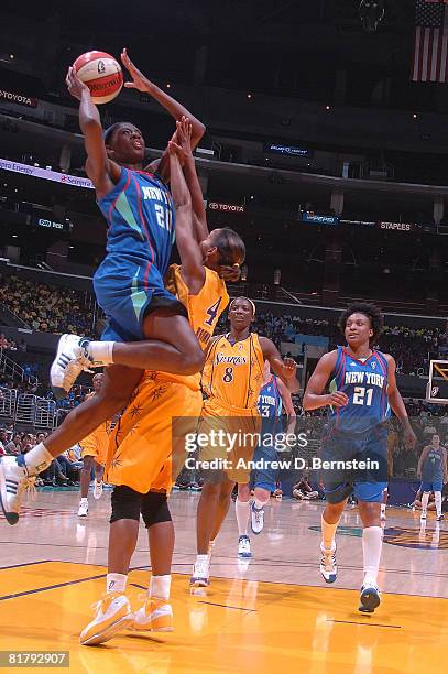 Kiesha Brown of the Los Angeles Sparks attempts to block a shot from Shameka Christon of the New York Liberty during the game on July 1, 2008 at...