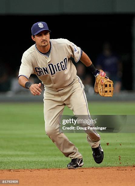 Second baseman Edgar Gonzalez of the San Diego Padres plays defense against the Colorado Rockies at Coors Field on June 30, 2008 in Denver, Colorado....