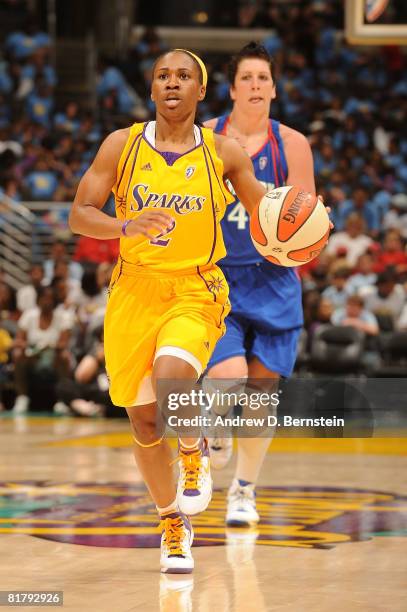 Temeka Johnson of the Los Angeles Sparks takes the ball down court during the game against the New York Liberty on July 1, 2008 at Staples Center in...