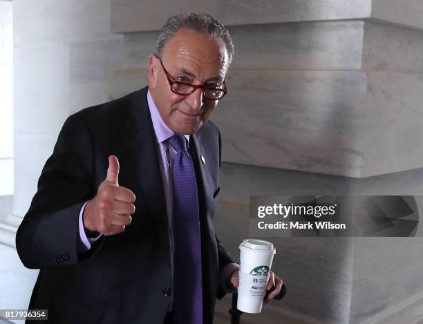 Senate Minority Leader Charles Schumer , arrives at the US Capitol on July 18, 2017 in Washington, DC. Senate Majority Leader Mitch McConnell is...