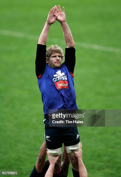 Adam Thomson is lifted in a lineout practice during a New Zealand All Blacks training session at Rugby League Park on July 2, 2008 in Wellington, New...
