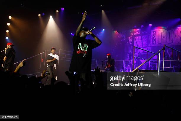 Rappers 50 Cent, Lloyd Banks and Tony Yayo of G-Unit perform at the Nokia Theatre on July 1, 2008 in New York City.
