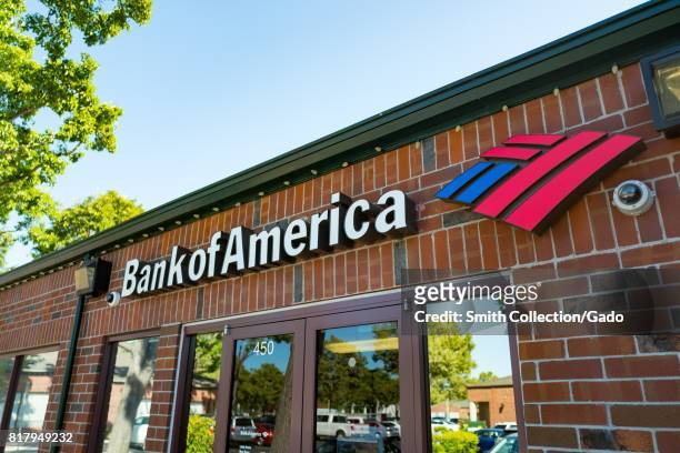 Facade of the Bank of America branch in San Ramon, California, with signage and logo visible, July 11, 2017.