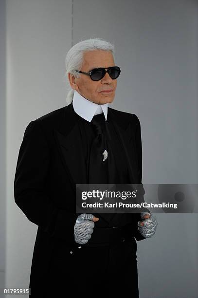 Designer Karl Lagerfeld walks the runway wearing the Chanel Haute Couture Autumn Winter 2008 collection during the Haute Couture Paris Fashion Week...