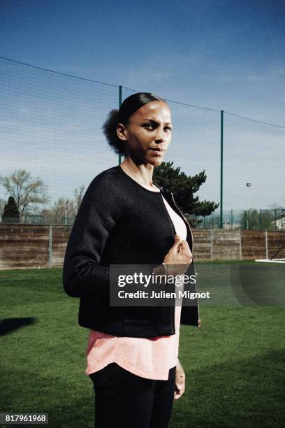 Footballer Marie-Laure Delie is photographed for Grazia Magazine France on April 13, 2015 in Paris, France.