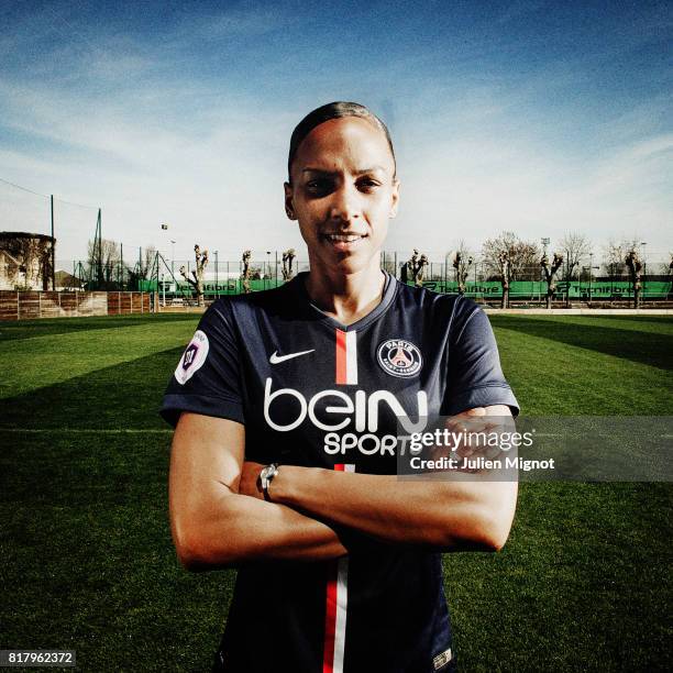 Footballer Marie-Laure Delie is photographed for Grazia Magazine France on April 13, 2015 in Paris, France.