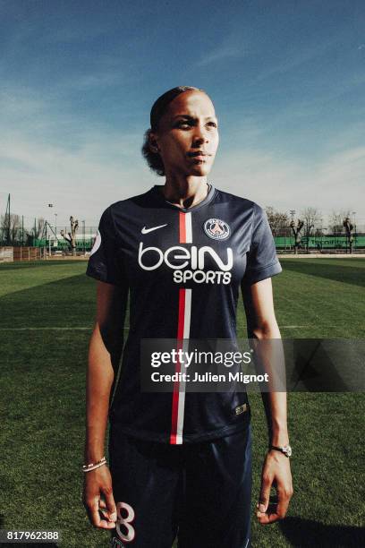 Footballer Marie-Laure Delie is photographed for Grazia Magazine France on April 13, 2015 in Paris, France.