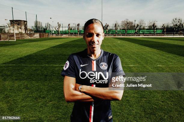 Footballer Marie-Laure Delie is photographed for Grazia Magazine France on April 13, 2015 in Paris, France.