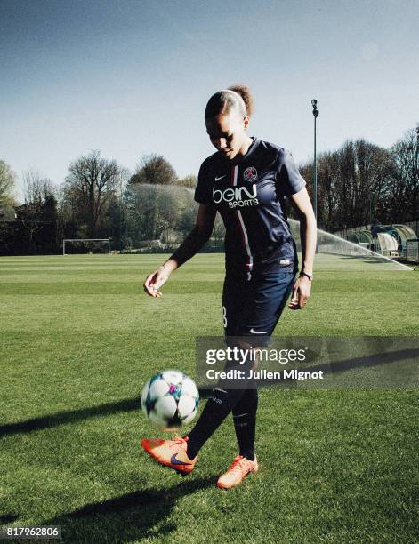 Footballer Marie-Laure Delie is photographed for Grazia Magazine France on April 13, 2015 in Paris, France.