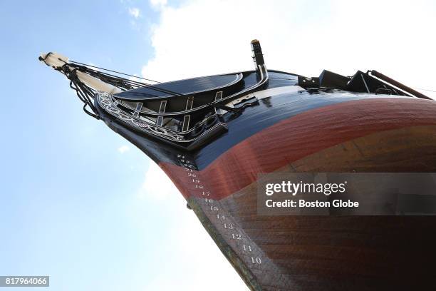 The cutwater scroll work and the copper paint and copper sheets on the bow of the USS Constitution are pictured during a media tour of the ship as it...