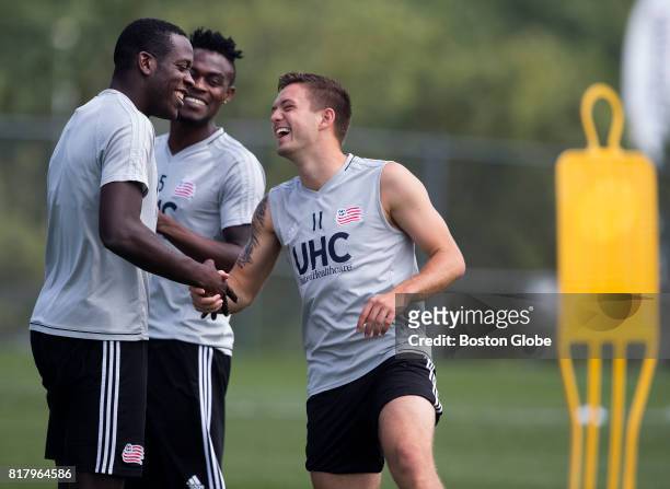 From left, New England Revolution players Je-Vaughn Watson, Gershon Koffie, Kelyn Rowe practice at Gillette Stadium in Foxborough, MA on Jun. 19,...
