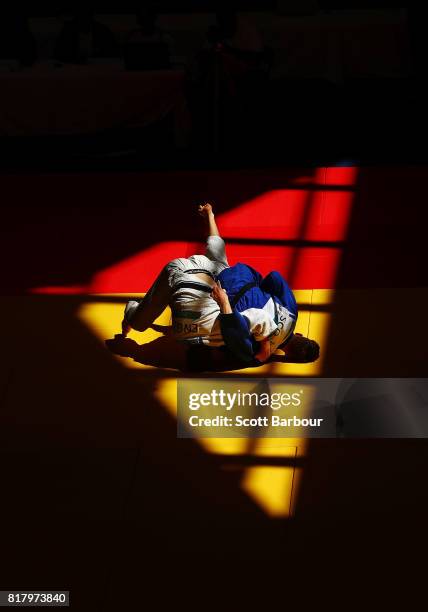 Lachlan Moorhead of England competes against Ryan Quigley of Scotland in the Boys -73 kg judo on day 1 of the 2017 Youth Commonwealth Games at Kendal...
