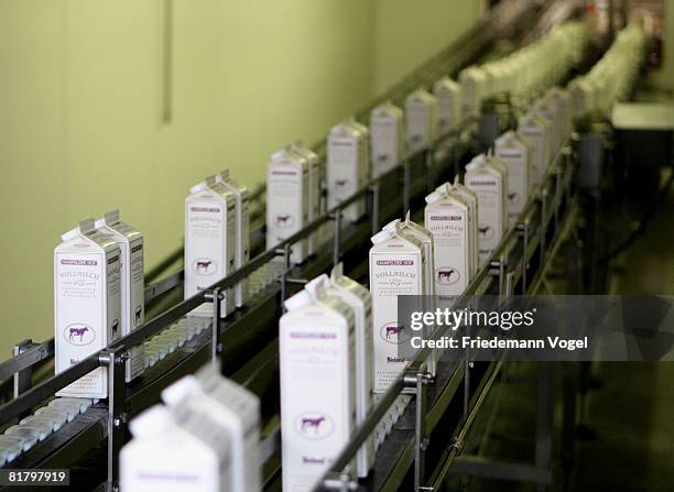 General view of filled milk cartons speed along a conveyor belt at the Meyerei-Trittau dairy plant on July 1, 2008 in Trittau, Germany. German dairy...