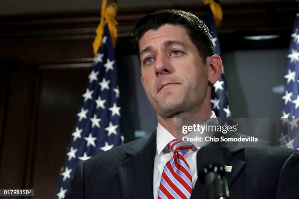 Speaker of the House Paul Ryan talks to reporters during a news conference following the weekly House GOP Conference meeting at the Republican...