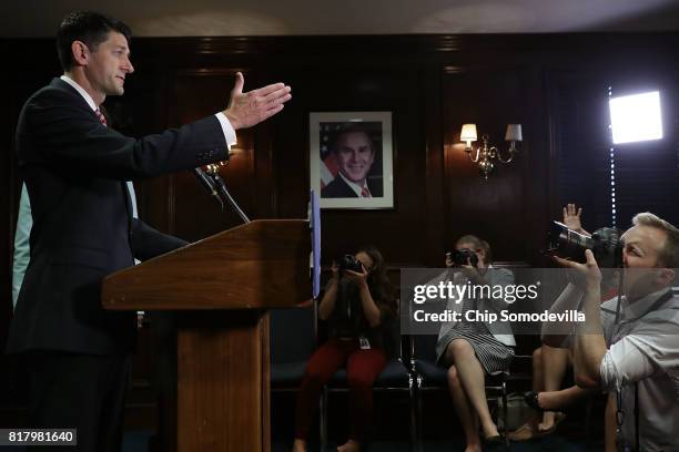 Speaker of the House Paul Ryan calls on reporters during a news conference following the weekly House GOP Conference meeting at the Republican...