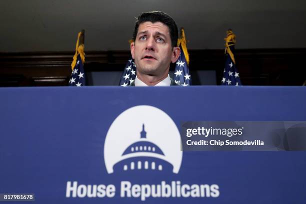 Speaker of the House Paul Ryan talks to reporters during a news conference following the weekly House GOP Conference meeting at the Republican...