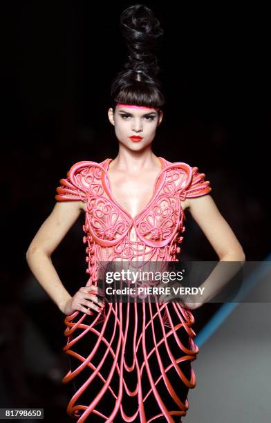 Model presents a creation by French designer Jean-Paul Gaultier during Fall-Winter 2009 Haute Couture collection show in Paris on July 2, 2008. AFP...