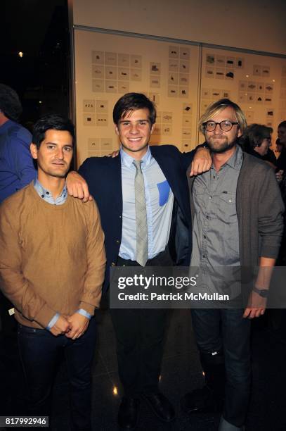 Dom Volini, Rob Kulisek and Mikey DeTemple attend Taryn Simon: Contraband Curated by Richard Marshall at Lever House Art Collection and Casa Lever...