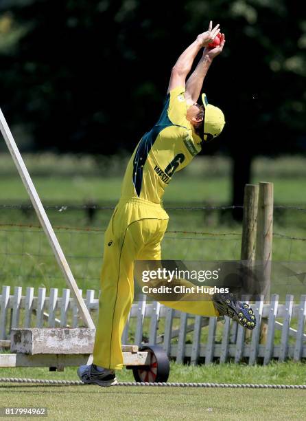 Brendan Westlake of Australia takes a catch to dismiss Jack Perry of England during the T20: INAS Tri-Series at Toft Cricket Club on July 18, 2017 in...