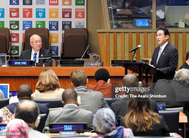 Japanese Foreign Minister Fumio Kishida addresses during a session of the sustainable development goals at the U.N. Headquarters on July 17, 2017 in...