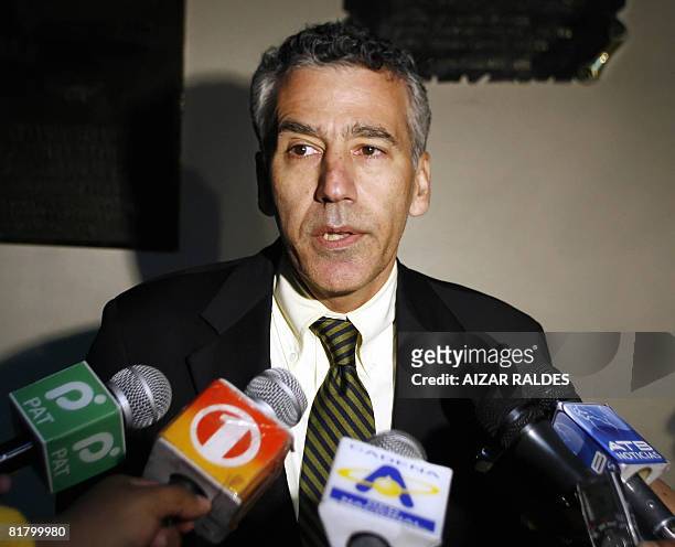 Ambassador to Bolivia Philip S. Goldberg, speaks with the press upon his arrival at El Alto's airport on July 2 back from the United States. On his...