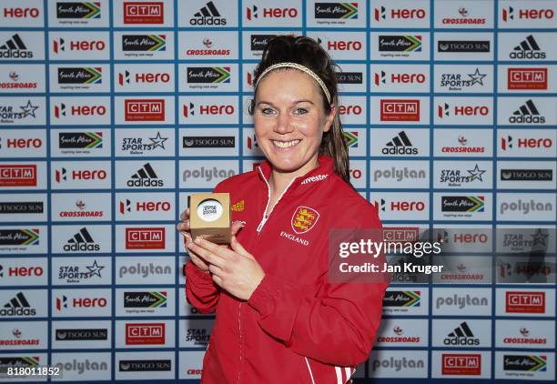 Laura Unsworth of England poses with her milestone award commemorating 200 caps during day 6 of the FIH Hockey World League Women's Semi Finals...