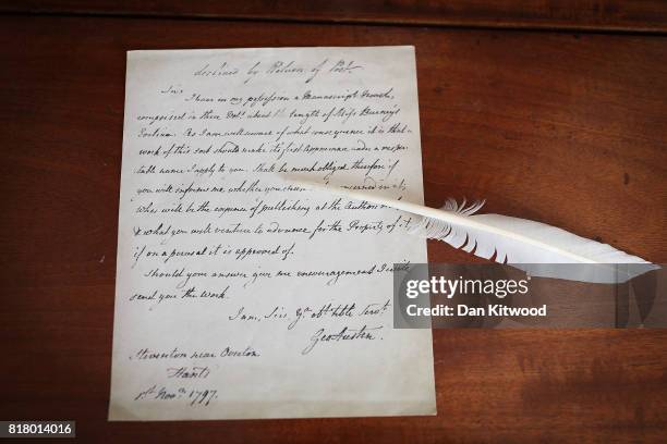 Facsimile of a letter to a Mr Cadill from Jane Austen's father offering Pride and Predjudice, which was declined by return, at the former home of the...