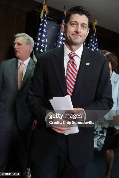 Speaker of the House Paul Ryan leaves a news conference with Majority Leader Kevin McCarthy following the weekly House GOP Conference meeting at the...