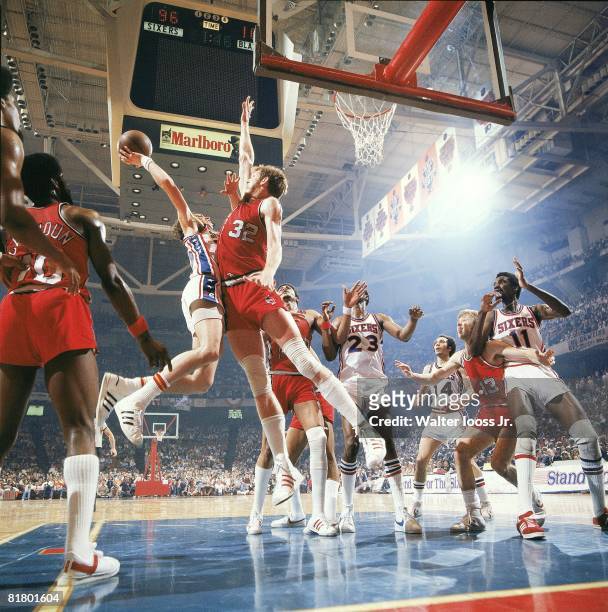 Basketball: NBA Finals, Portland Trail Blazers Bill Walton in action, playing defense vs Philadelphia 76ers Doug Collines , Game 5, Cover,...