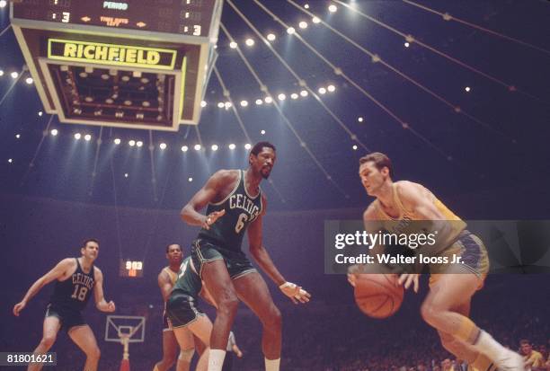 Basketball: NBA finals, Los Angeles Lakers Jerry West in action vs Boston Celtics Bill Russell , Inglewood, CA 5/5/1968
