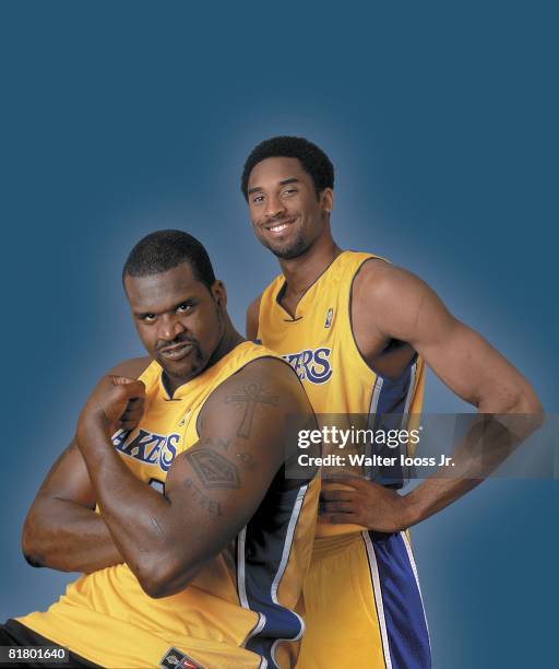 Basketball: Photo illustration and closeup portrait of Los Angeles Lakers Shaquille O'Neal and Kobe Bryant at El Segundo Practice Facility, Los...