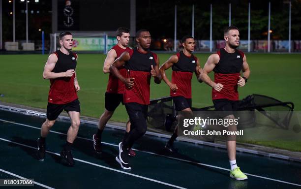 Ryan Kent, Jon Flanagan, Daniel Sturridge, Jordan Henderson and Trent Alexander-Arnold of Liverpool during a training session on July 18, 2017 at the...