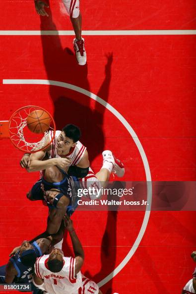 Aerial view of Houston Rockets Yao Ming in action vs Dallas Mavericks ...