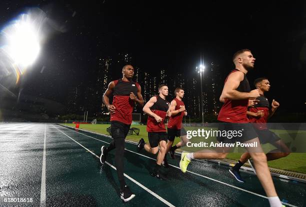 Ryan Kent, Jon Flanagan, Daniel Sturridge, Jordan Henderson and Trent Alexander-Arnold of Liverpool during a training session on July 18, 2017 at the...