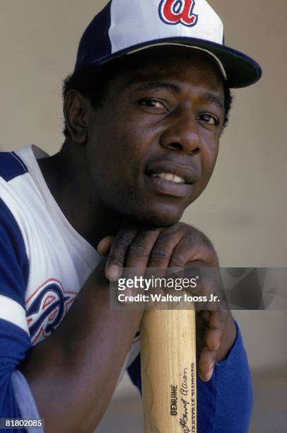Baseball: Closeup portrait of Atlanta Braves Hank Aaron during spring training, FL 3/30/1974