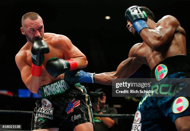 Sean Monaghan, left, battles Marcus Browne during their Light Heavyweight fight at Nassau Veterans Memorial Coliseum on July 15, 2017 in Uniondale,...