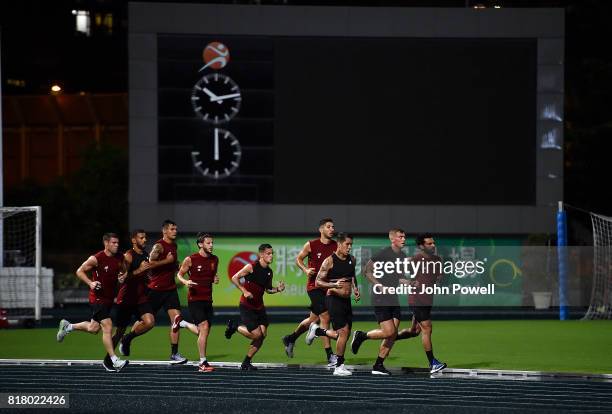 Adam Lallana, Roberto Firmino, Philippe Coutinho, Marko Grujic, Dejan Lovren, Mohamed Salah James Milner and Kevin Stewart of Liverpool during a...