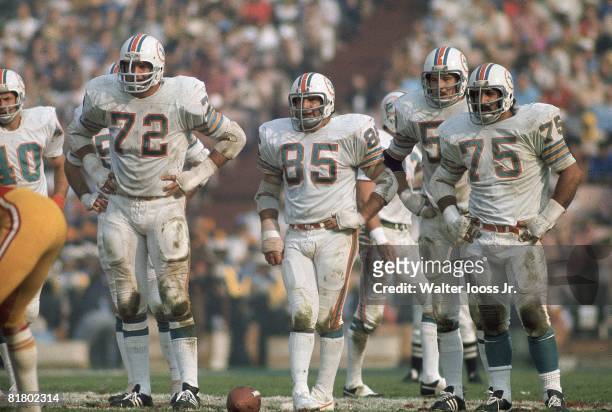 Football: Super Bowl VII, Miami Dolphins defensive line Dick Anderson , Bob Heinz , Nick Buoniconti , Doug Swift , and Manny Fernandez during game vs...