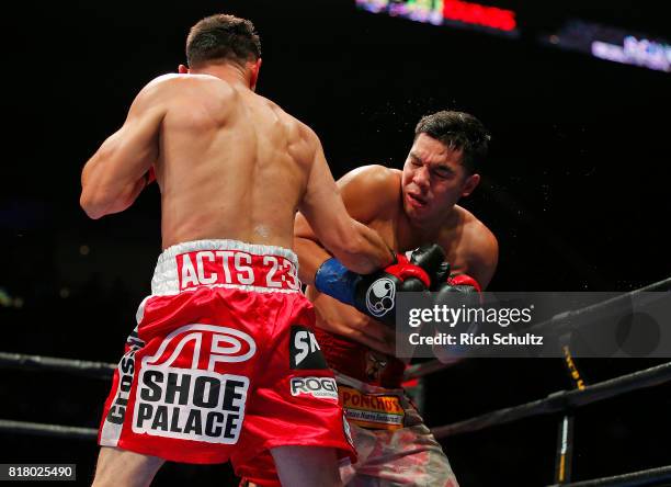 Omar Figueroa Jr., right, battles Robert Guerrero during their Welterweight fight at Nassau Veterans Memorial Coliseum on July 15, 2017 in Uniondale,...