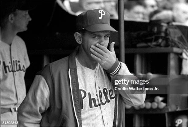 Baseball: Closeup of Philadelphia Phillies manager Gene Mauch in dugout during final game of season vs Cincinnati Reds, 1964 Phillies Phold,...