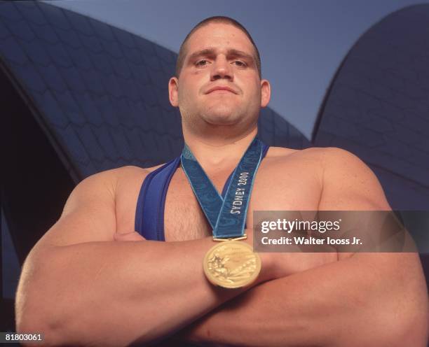 Wrestling: 2000 Summer Olympics, Closeup portrait of USA Rulon Gardner victorious with gold medal at Olympic Park, Sydney, AUS 9/29/2000