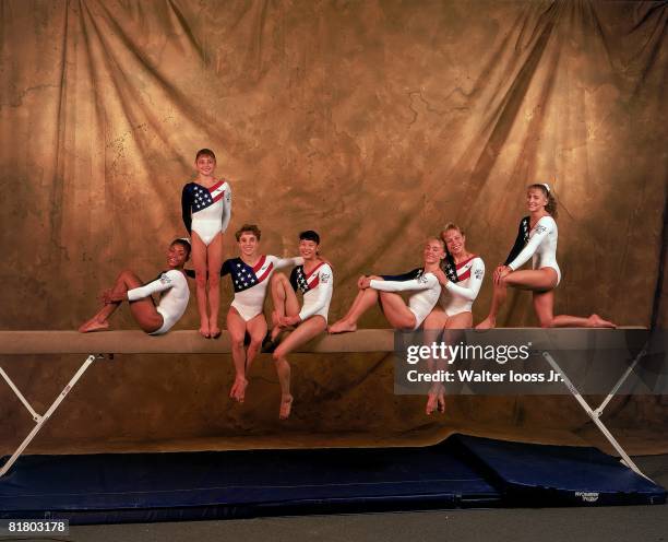 Gymnastics: 1996 Summer Olympics, Portrait of Team USA Dominique Dawes, Dominique Moceanu, Kerri Strug, Amy Chow, Jaycie Phelps, Amanda Beard, and...