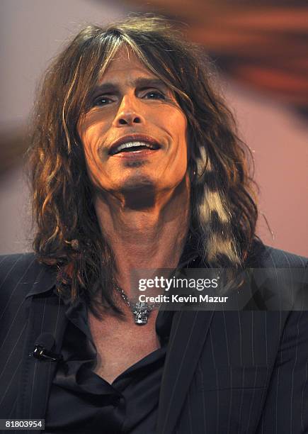 Steven Tyler of Aerosmith celebrates the launch of Aerosmith Guitar Hero at Hard Rock Cafe on June 27, 2008 in New York City.