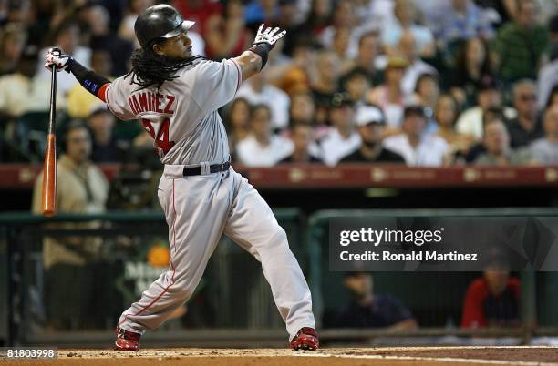 Manny Ramirez of the Boston Red Sox at bat against the Houston Astros during Interleague MLB action on June 29, 2008 at Minute Maid Park in Houston,...