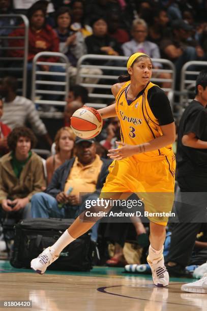 Candace Parker of the Los Angeles Sparks moves the ball against the Washington Mystics during the game on June 26, 2008 at Staples Center in Los...