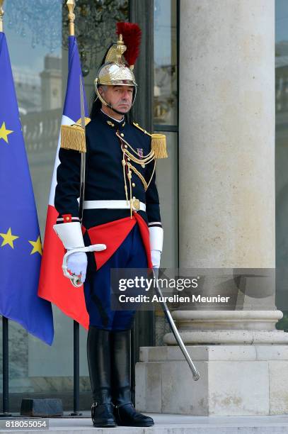 View of a Republican guard as French President Emmanuel Macron receives Prime Minister of Andorra Antoni Marti for a meeting at Elysee Palace on July...