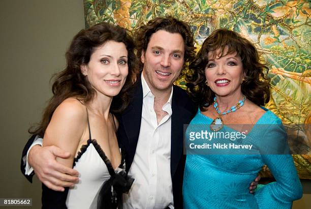 Angela Newley, Sacha Newley, and Joan Collins attend the Sacha Newley 'Blessed Curse' exhibition private view at The Arts Club on July 2, 2008 in...