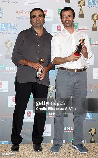 Italian producers Gianluca Arcopinto and Andrea Occhipinti show their awards during the 2008 "Globo D`Oro" Awards held Villa Massimo on July 2, 2008...